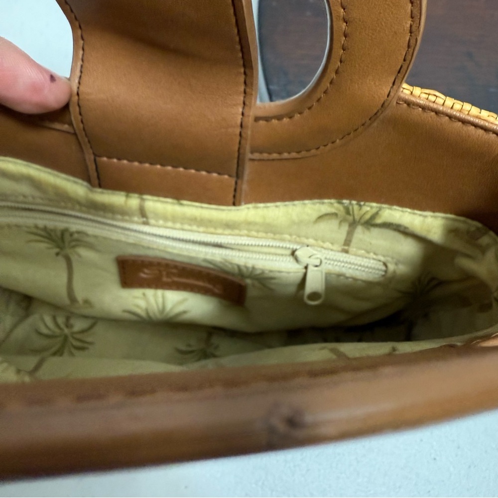 Fossil Handbag Brown Leather with Woven Raffia Double Handles Lined Purse Y2K - Picture 3 of 14